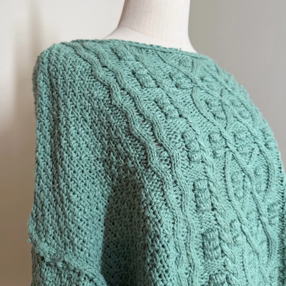 NEW! Free People White Spruce Cable Knit-M-Changing Tides Green Pullover Sweater